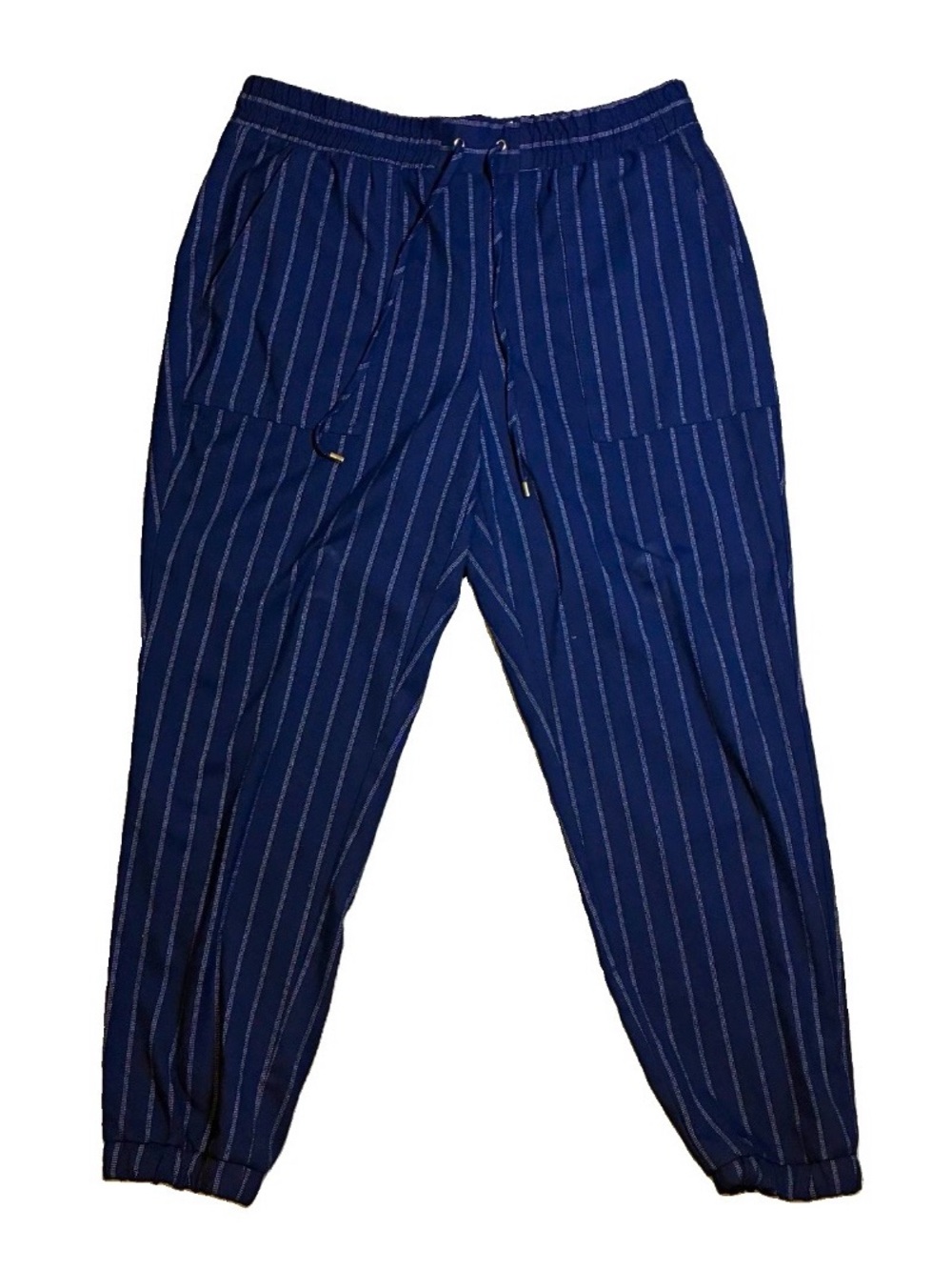 Nine West Women’s Large Pinstripe Jogger Drawstring Pants Navy Blue Casual